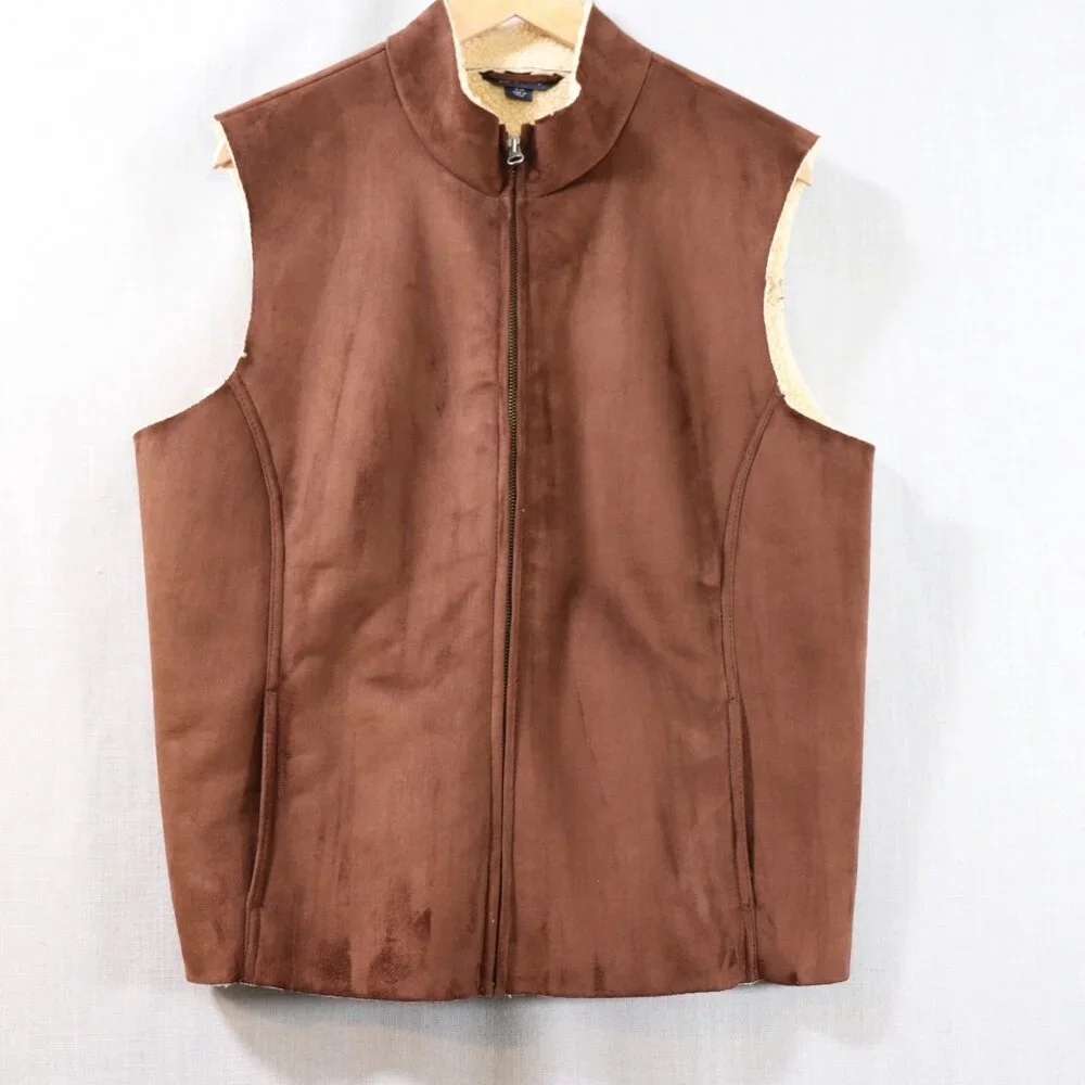 Lands End Faux Suede Sherpa Vest Women’s XL Petite 18-20 Brown Lined Full Zip - Picture 12 of 16